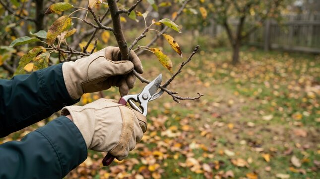 Hands using pruning shears to cut apple tree branch. Trimming fruit tree in autumn orchard with blurred background