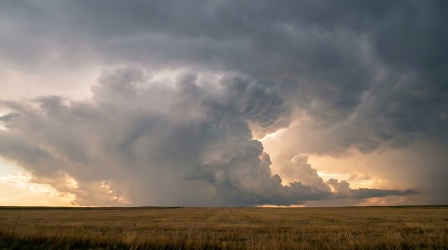 Dramatic Thunderhead Clouds Over Vast Open Field at Dusk