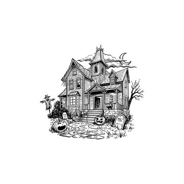 Haunted Gothic House at Night with Jack-o'-Lanterns, Graveyard, Scarecrow and Black Cat, Hand Drawn Halloween Pen and Ink Illustration