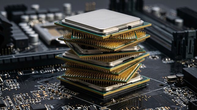 Square silicon processor chips stack in a gleaming tower on a dark circuit board, golden pins shining under studio light in extreme macro