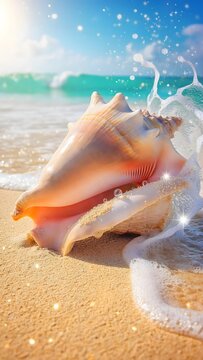 Beautiful large pink conch seashell lying on sand tropical beach with splashing ocean sea foam in bright sunlight.