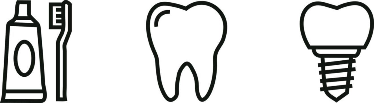 Linear dental care icon set toothpaste toothbrush tooth and dental implant vector illustration