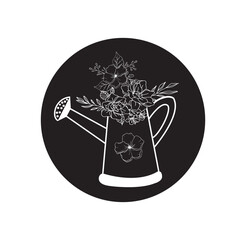 Vintage watering can with flowers vector illustration, floral garden watering pot icon, black and white botanical line art design © M_ZEESHAN_NADEEM