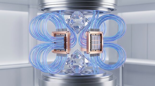 Abstract futuristic central processing unit with glowing digital circuits and modern hardware design