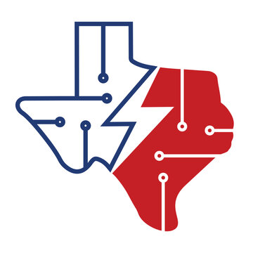 Texas map with voltage icon, and panel circuit.  Texas Power Energy Logo design vector.