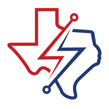 Texas map with voltage icon, and panel circuit.  Texas Power Energy Logo design vector.