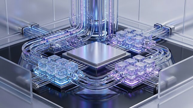 Futuristic microchip processor with glowing liquid cooling glass tubes and quantum data circuits