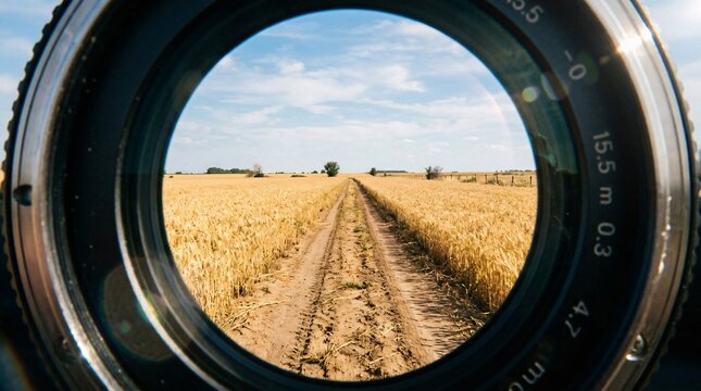 Seen through a camera lens, a perfectly straight path cuts through a golden wheat field under a bright blue sky in creative framing