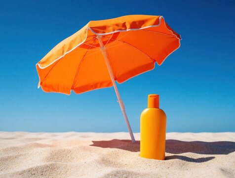 Bright orange beach umbrella, yellow sunscreen bottle stand on white sand. Sunny day at summer resort. Minimalist composition with blue sky, sand dunes. Protection from UV rays, sun care concept for