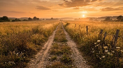 Fototapeta premium Rural dirt path stretches into the distance through a tall golden meadow under a warm orange sunset sky in idyllic countryside style