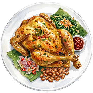 Balinese roasted spiced whole chicken ayam betutu served with sambal matah, fried peanuts, plecing kangkung, and chili paste on a banana leaf plate, watercolor illustration on transparent background