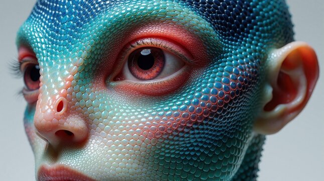 Close up of humanoid android with lizard skin texture. Bio-engineered cyborg features solar absorbing scales in blue, teal colors. Futuristic artificial life form with realistic reptile skin, human