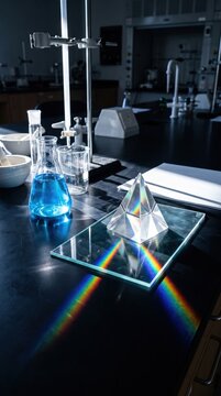 Scientific research and innovation, glass prism with light refraction and laboratory equipment for chemical analysis and physics experiment in dark lab