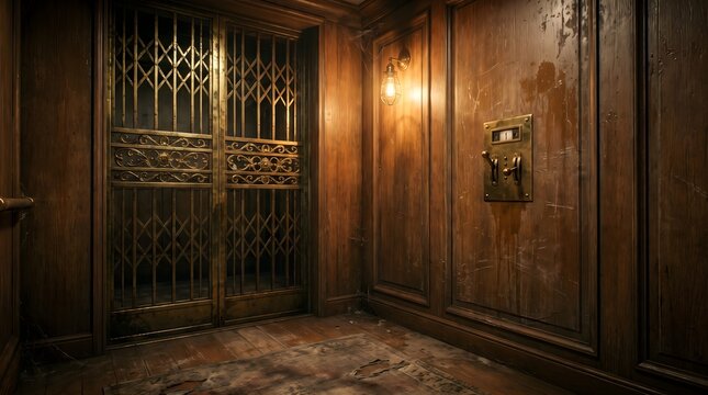 Vintage Wooden Elevator Cabin with Antique Brass Gate