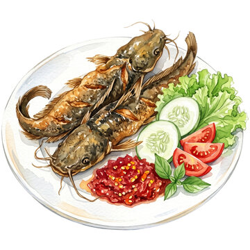 ​Indonesian crispy fried catfish lele goreng served with spicy chili sambal, sliced cucumber, tomatoes, fresh basil, and lettuce on a plate, watercolor illustration on transparent background
