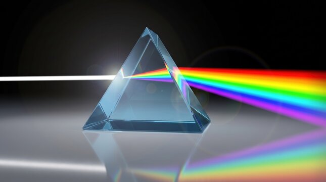 Optics physics. The white light shines through the prism. Produce rainbow colors in 3D illustrator.