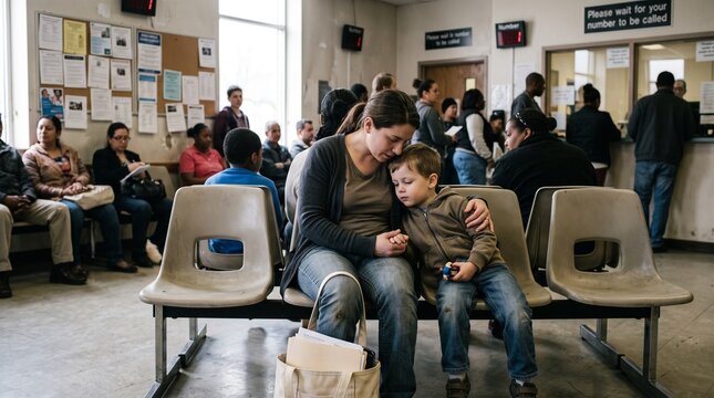 Sad mother embracing and comforting her young son while sitting on plastic chairs in crowded public waiting room of welfare clinic, social service center or hospital emergency