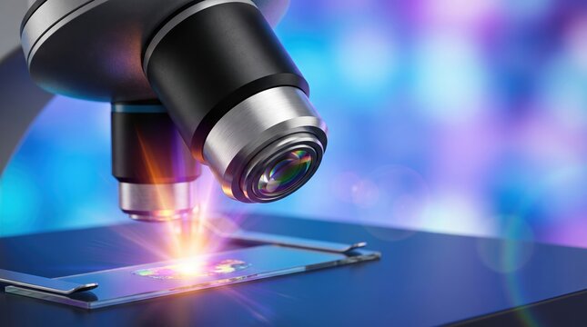 Close up of microscope lens focusing on laser light.