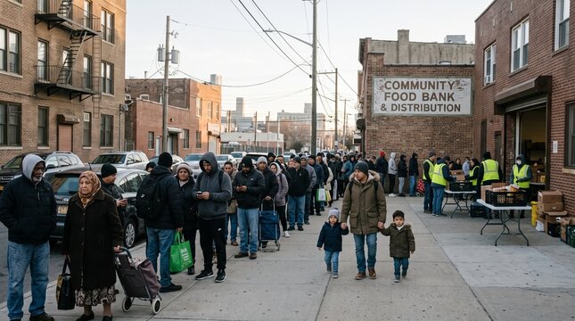 Long line of diverse people waiting outdoors on sidewalk in front of community food bank and distribution center, social assistance, poverty and economic hardship concept