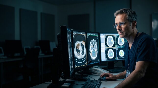 Focused male radiologist or doctor analyzing complex 3D CT scan brain and lung medical images on multiple high resolution monitors in dark hospital diagnostic radiology room at night