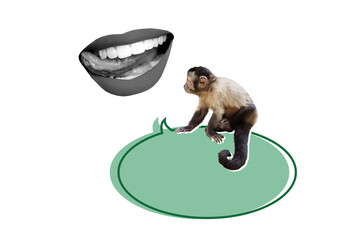 Template poster trend artwork 3D collage of message thought comment lips smile chatting talking dialog abstract small monkey animal sit © deagreez