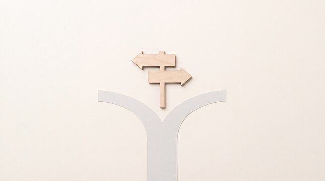 Minimalist top view of a wooden signpost at a fork in the road representing choice, decision making, and different directions for career paths or business strategy on a beige background