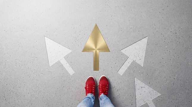 Top view of a person in red sneakers standing on a gray concrete floor with multiple directional arrows, highlighting a gold arrow as a symbol for premium choice, success, and career upgrade.