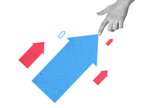 Composite art 3d creative image collage of hands point index finger arrow pointer success statistics aim achievement concept
