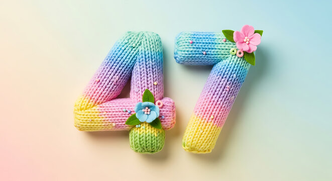 Knitted number 47 in pastel rainbow colors, adorned with small flowers and decorative beads.