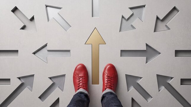 A first-person perspective of a person wearing red sneakers standing on a gray concrete floor with multiple arrows pointing in different directions and one distinct gold arrow showing the right path.