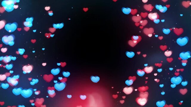 Blue and Red Floating Hearts Background with Glowing Bokeh on Dark Backdrop