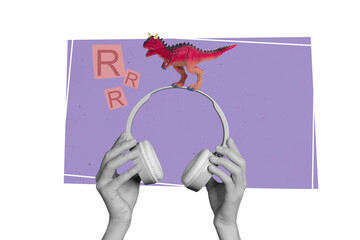 Composite sketch design artwork 3D photo collage of hand hold wireless headphones rex stand roar wild dinosaur toy childish creepy scream © deagreez