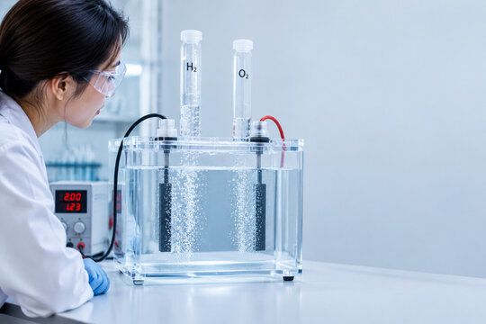 Laboratory water electrolysis setup with hydrogen bubbles and scientist, clean energy research concept