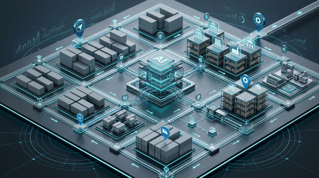 Isometric 3D illustration of an AI-powered logistics and supply chain management hub with a central microchip, digital data flow lines, and automated shipping container storage.