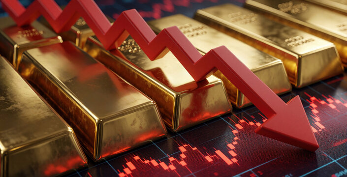 Red downward arrow falls over gold bars on financial chart. Gold price drop shows market crash, economic recession. Precious metal investment value decreases during stock market volatility inflation