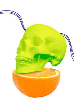 Creative trend artwork design 3D collage sketch of gourmet organic culinary food tasty orange citrus fruit half part human skull bone