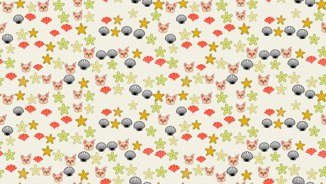 Seamless pattern with dog faces, starfish, and shells