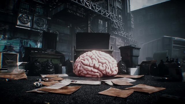 Human brain discarded as obsolete in the age of artificial intelligence, symbolizing technological progress, AI replacing human thinking and the changing role of the human mind. 4k animation.