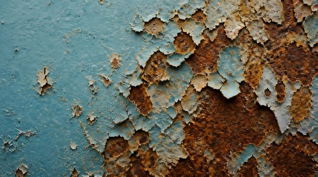 Peeling blue paint revealing rusty metal surface texture for background design