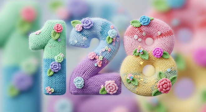 Charming knitted numbers '120' with donut shapes, decorated with pastel crochet flowers and leaves, perfect for birthdays.