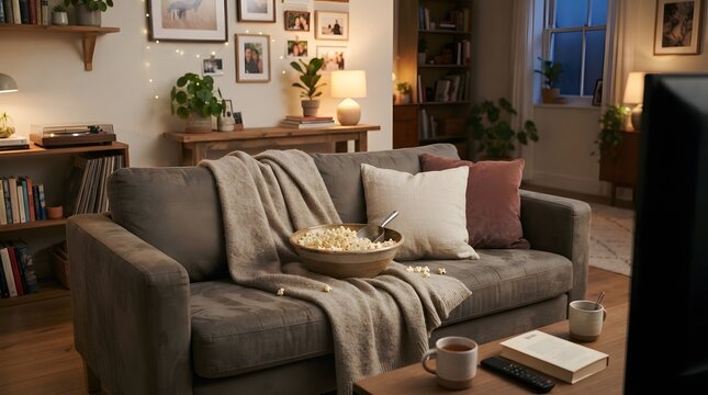A cozy living room sofa with a blanket and a bowl of fresh popcorn inside with draped blanket large popcorn warmly lit