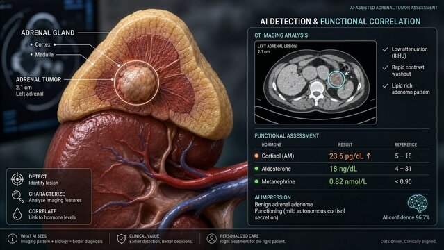 Medical illustration of human adrenal gland model with ai detecting adrenal tumors on ct scan and correlating with hormone levels, featuring zoomed inset of imaging analysis and functional assessment
