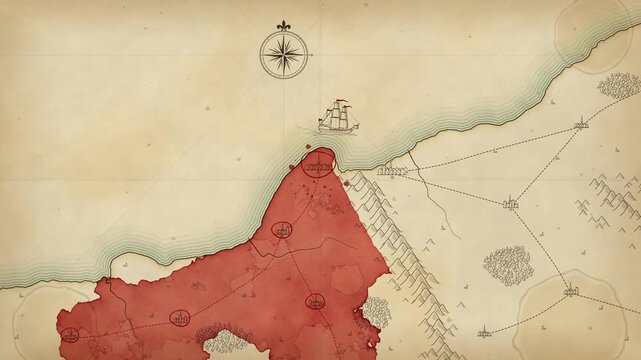 Red ink spreads like an epidemic across an antique engraved parchment map as a sailing ship carries the plague from port to port, seamless loop