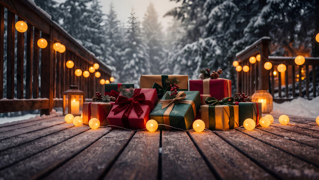 Colorful christmas gift boxes with ribbons on a rustic wooden porch at night, illuminated by warm string lights and lanterns in a snowy forest