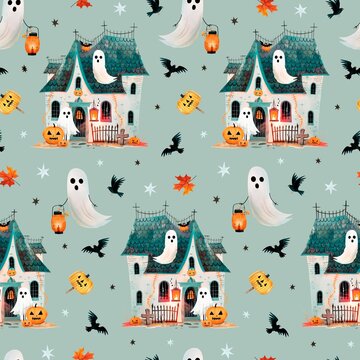 Halloween Seamless Pattern with Haunted House, Little Ghosts, Orange Lanterns, Ravens and Autumn Leaves on Blue