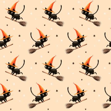 Halloween Seamless Pattern with Black Witch Cats Riding Brooms on a Light Background, Cute Spooky Illustration