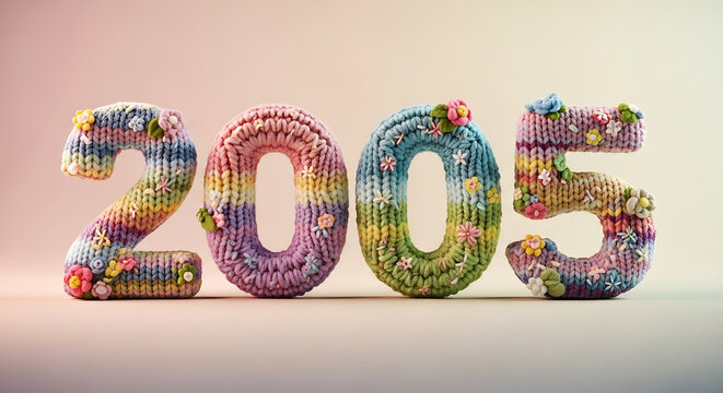 Colorful Knitted Numbers 2005 with Rainbow Stripes and Floral Accents, Perfect for Birthday Cards or Anniversary Celebrations