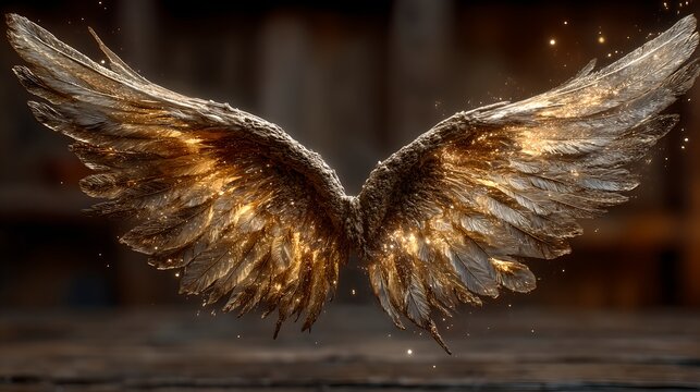 A pair of magnificent golden wings, intricately detailed with glowing embers and sparkling dust, evoke a sense of magic and divine power