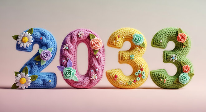 Charming Knitted Numbers 2033 Adorned with Colorful Pastel Flowers for a Festive and Cute New Year or Anniversary Design