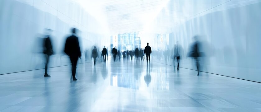 A group of blurred figures walking down a bright, modern hallway with reflections on the polished floor. The scene evokes a sense of movement and anonymity in a contemporary setting
